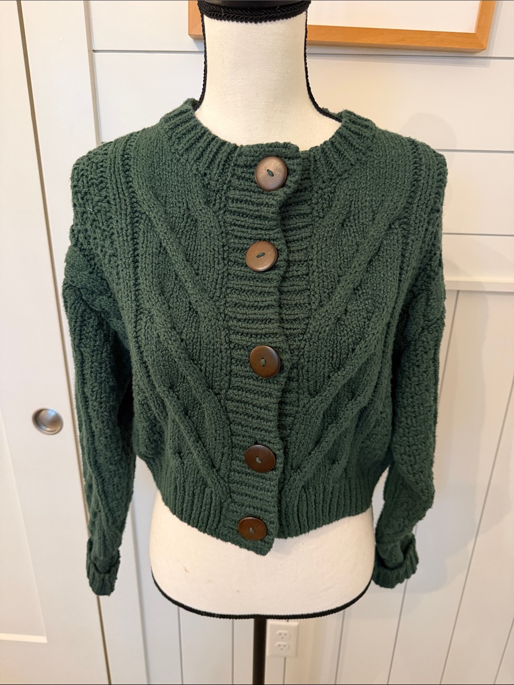 Free People Forest Green Cable-Knit Button Cardigan Sweater - XS